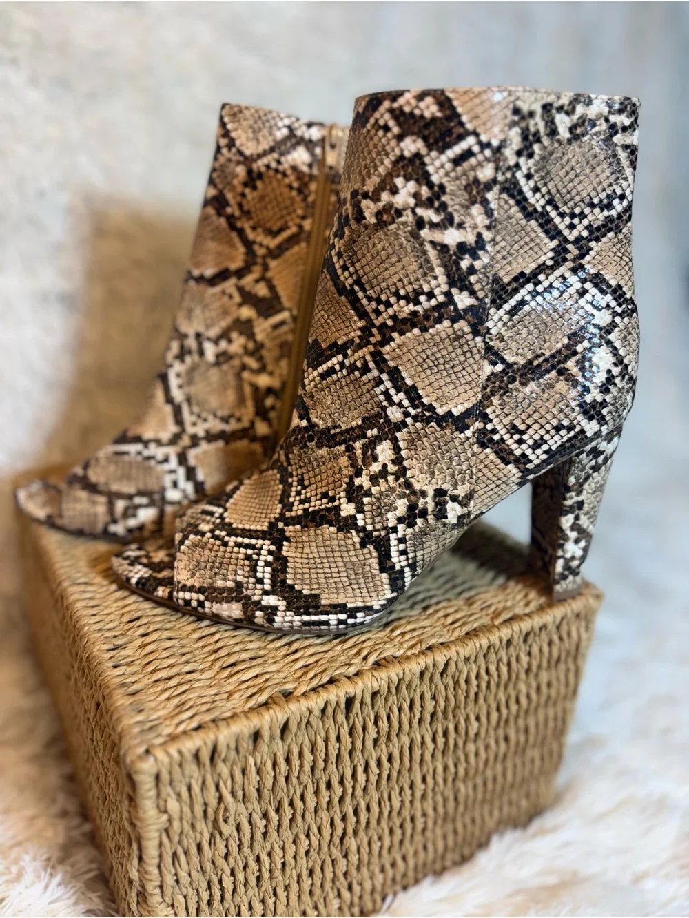 Faux Snake Print Open Toe Block Heel Boots Size 10